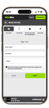 Sign up screen on WinWin